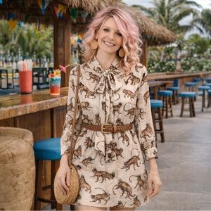 H&M Crown Monkey Print Bow Mini Dress Size 8 Viscose